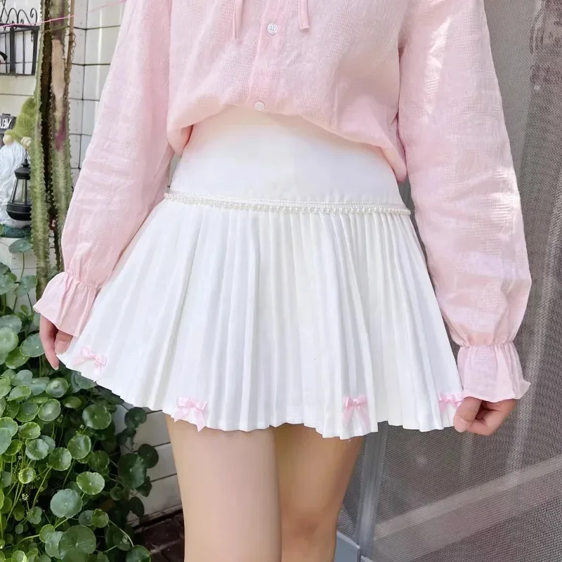 

Sweet Pleated Skirts for Girls Summer Bows Bead String Decoration Lolita Style White Cute Shorts Skirt Kawaii Clothes