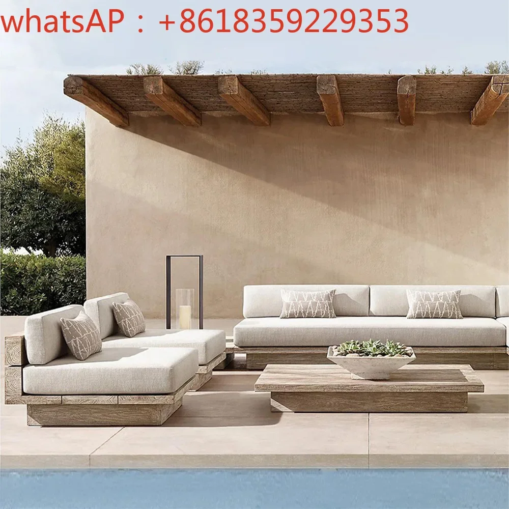 Outdoor sofa Courtyard Waterproof and Sun-proof teak chairs Villa Outdoor open-air garden Nordic solid wood sofa combination