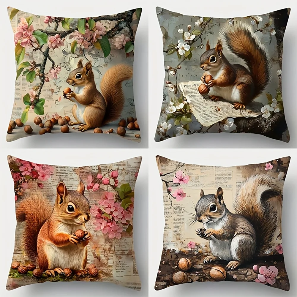 1pc Vintage Squirrel and Flower Throw Pillow Covers Spring Forest Animal Decorative Cushion Cases for Home Sofa Bedroom