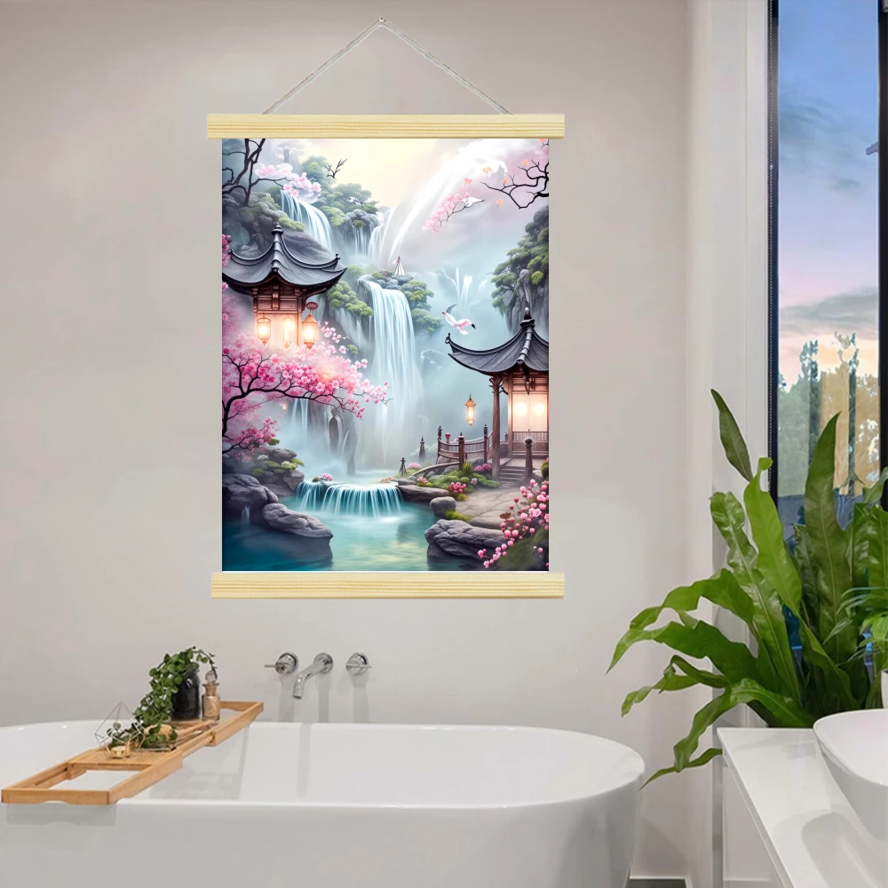 1pcs [Cherry Blossom Waterfall] Cherry Blossom Scroll Hanging Canvas Painting Poster Prints Art Wooden Framed Print for Living