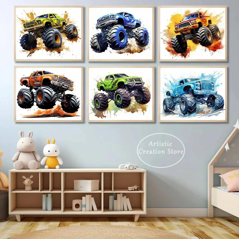 Colorful Monster Truck Posters Big Wheel Pickup Prints Canvas Painting Wall Art Pictures for Children's Room Home Decor Gifts