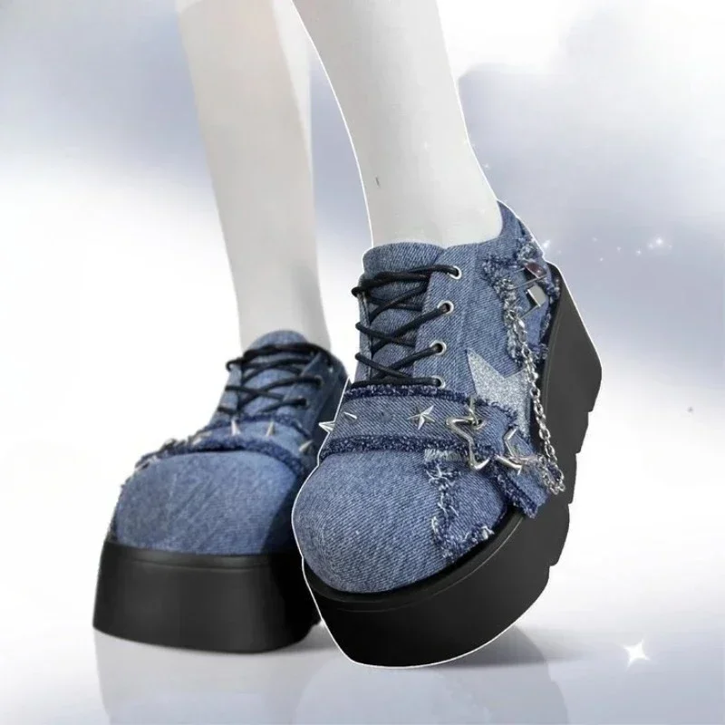 Punk Gothic Lolita Shoes Women Paltform Denim Shoes Design Stars Metal Chain Blue Denim Boots Cosplay Ladies Boots Jk Black Shoe