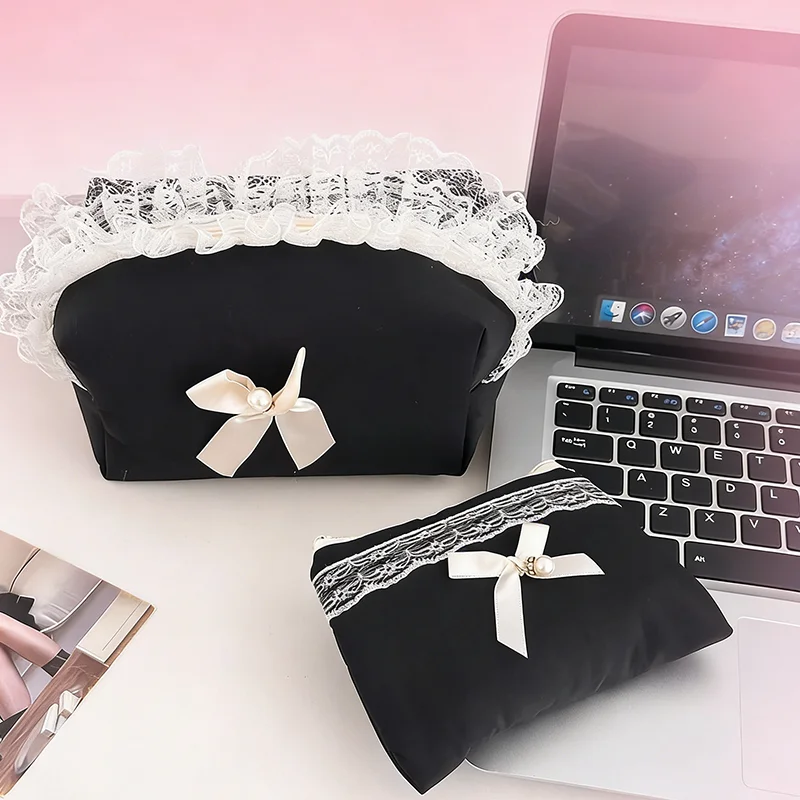 Black Women's Makeup Storage Pouch with Quilted Padding Bow Decoration Zipper Cute Female Cosmetic Coin Purse Case Bags