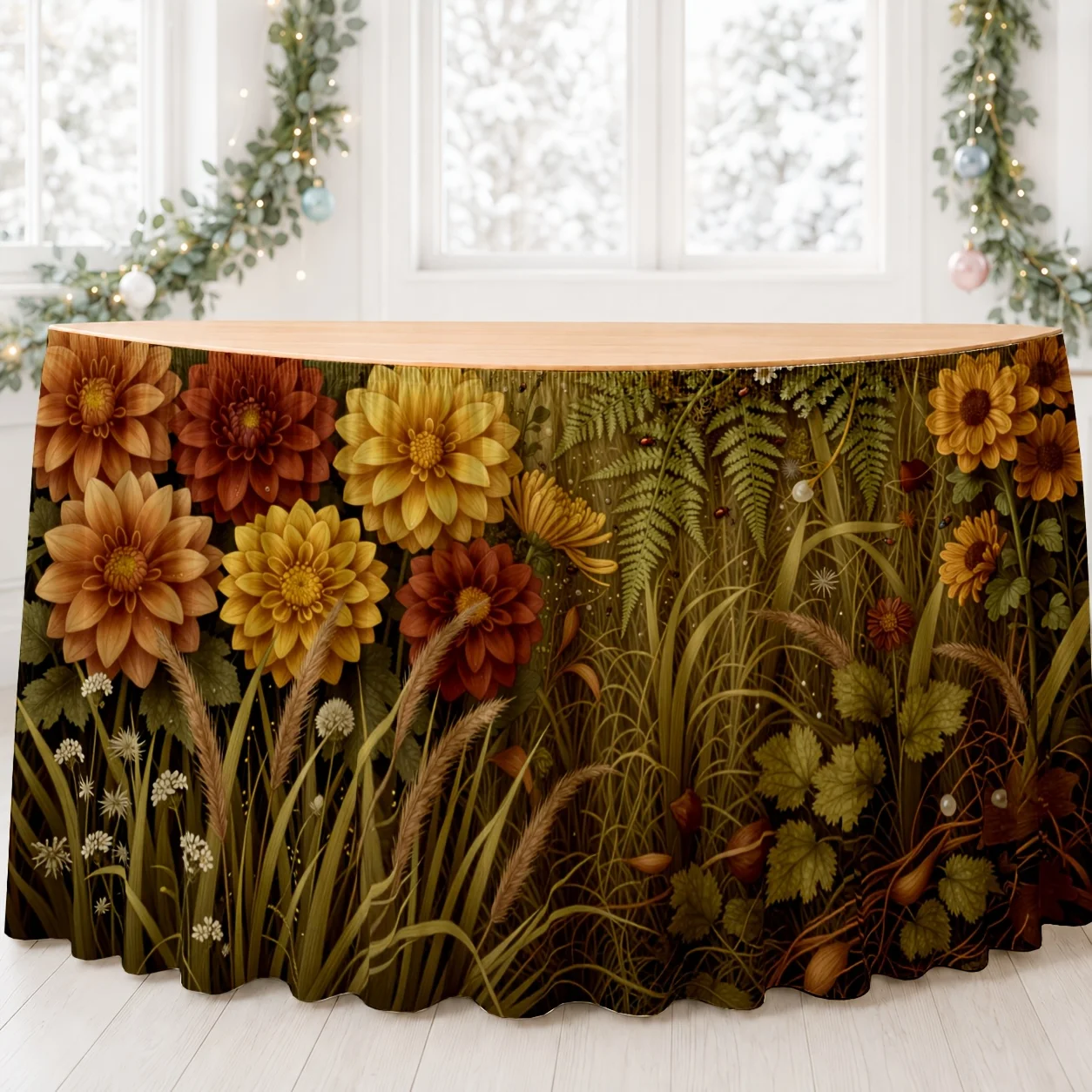 One table skirt, floral daisy prairie print polyester table skirt, rustic botanical style rural look
