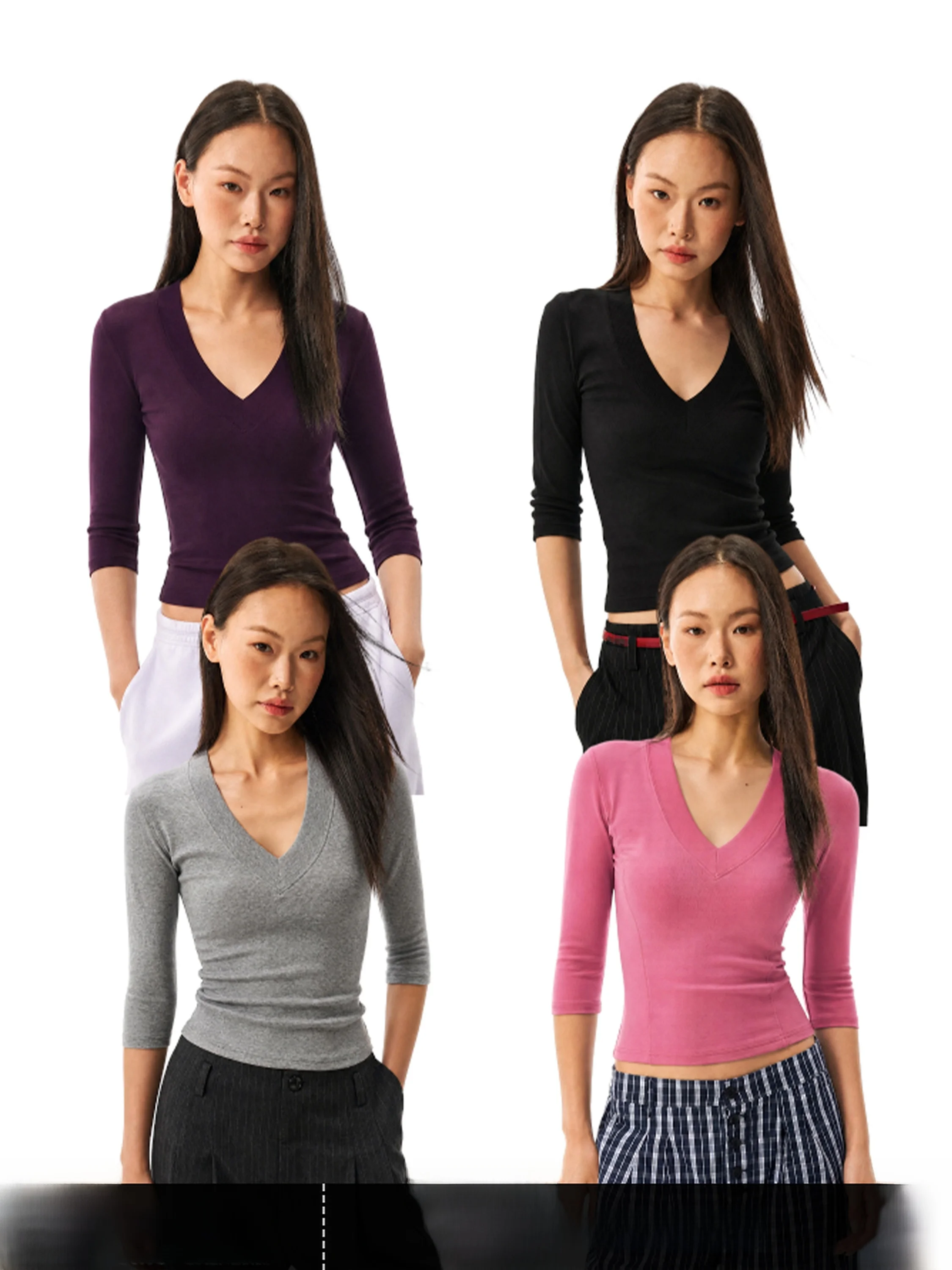 Slim Fit American Style V-Neck Short Sleeve T-Shirt Women's Pure Color Casual Fashion Autumn New Style GO GO BURN Top