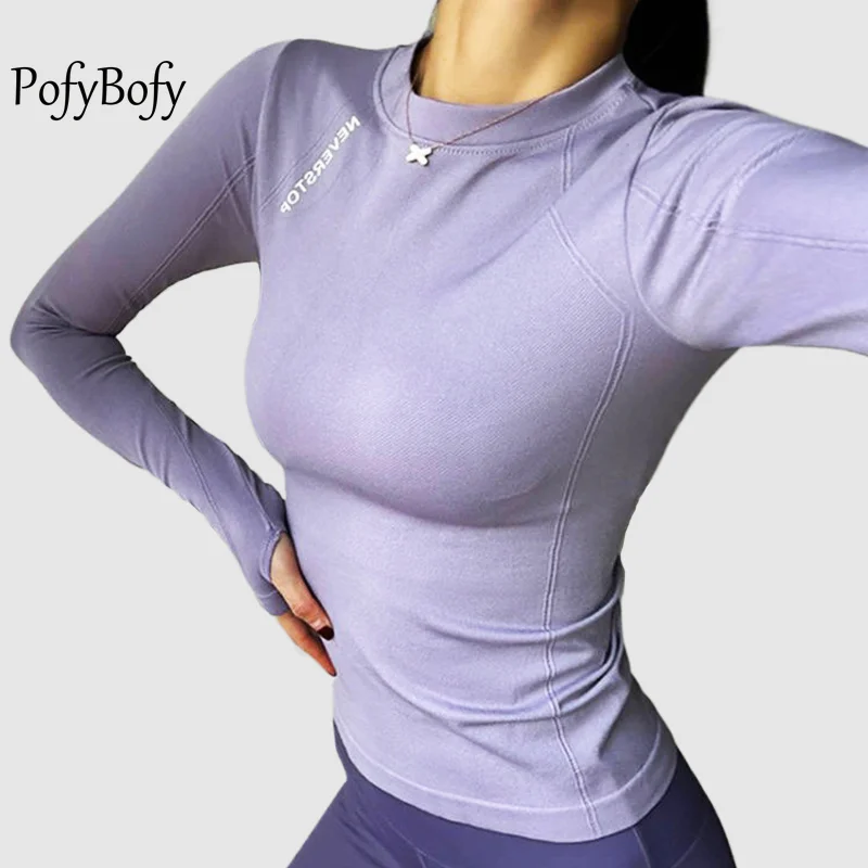 PofyBofy Thumb Hole Crew Neck Slimming Fit Long Sleeves Fashion Yoga Shirts Fitness Athletic Gym Workout Women Sportwears Tops