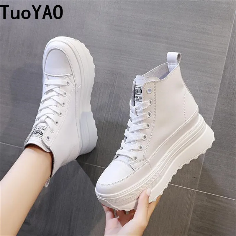 Women Genuine Leather White Breathable New Shoes 7cm Platform Boots Wedge Hidden Heel Spring Autumn Lace-Up Black Shoes Sneakers