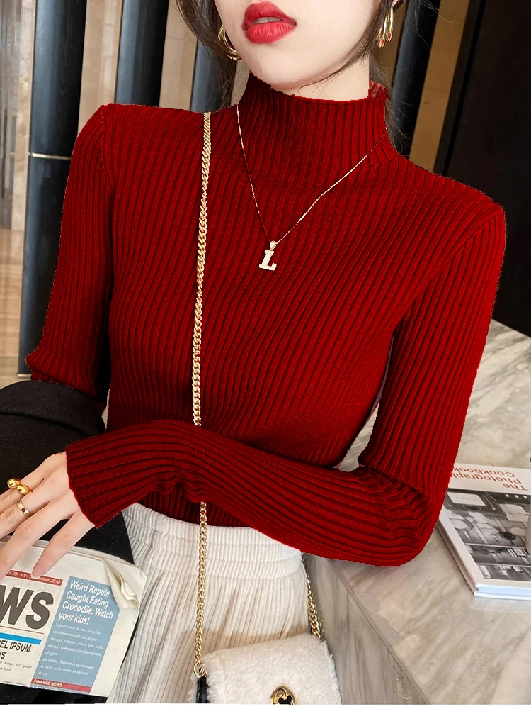 Beiläufige Dünne Elegante Solide Grund Gestrickte Tops Frauen Rollkragen Pullover Langarm Pullover Koreanische Mode Einfache Chic Kleidung