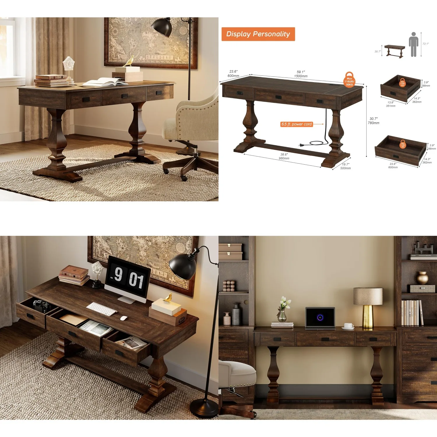 

Винтажный офисный стол 60 дюймов с массивными ножками, глубокими ящиками, розетками, для кабинета, цвет темный орех, на заказ