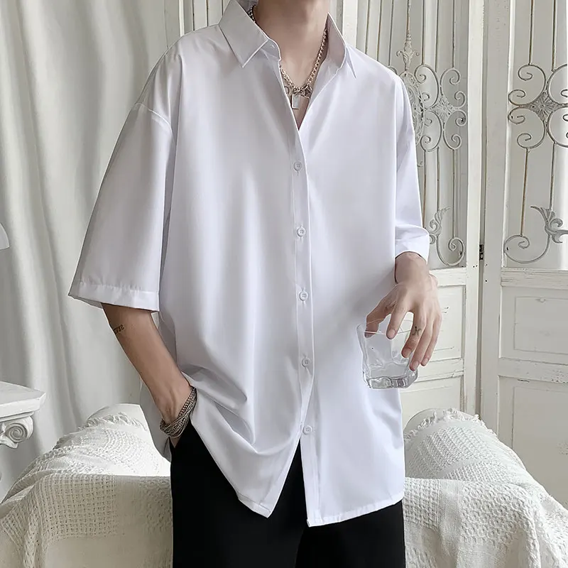 Summer Korean Fashion Drape Shirts for Men Short Sleeve Casual Comfortable Button Up Blouse White Black Gray