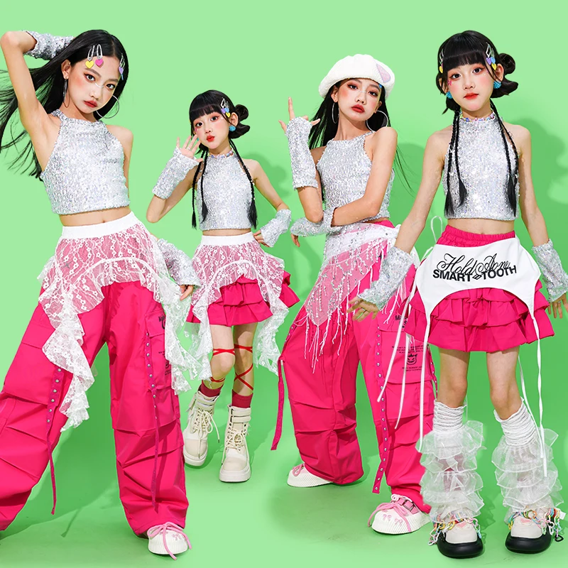 Mädchen K-pop Pailletten Crop Top Cargo Hosen Kinder Hip Hop Street Dance Kostüme Kinder Streetwear Mädchen Jazz Teen Kleidung sets