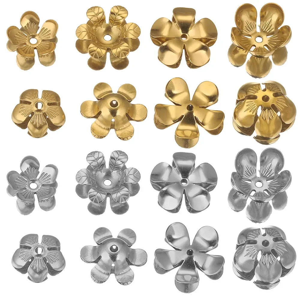 50pcs Stainless Steel Flower Spacer Gold Plated Round Beads Caps End Caps Tessal Needlework Jewelry Making Supplies Diy Findings