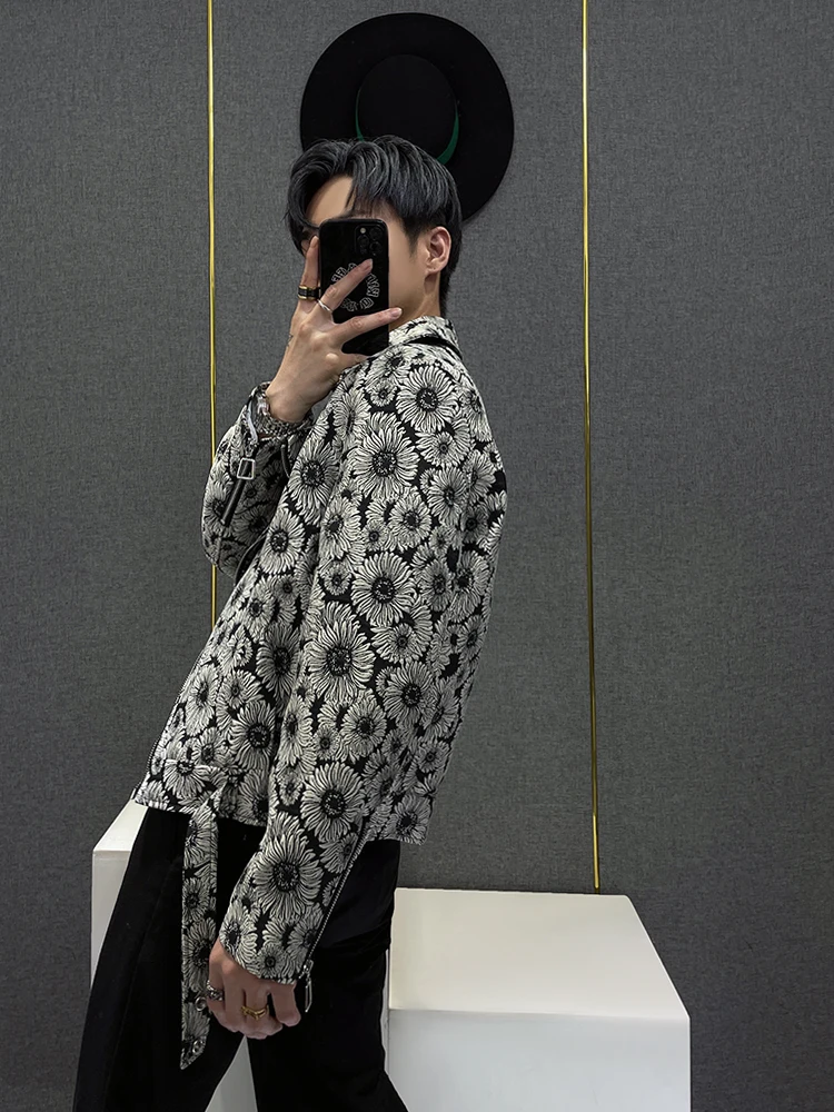 High-End Short Jackets Men's Lapel 2024 Spring Fashion Printing Casual Handsome Zipper Decorations Trendy Male Long Sleeve Coat