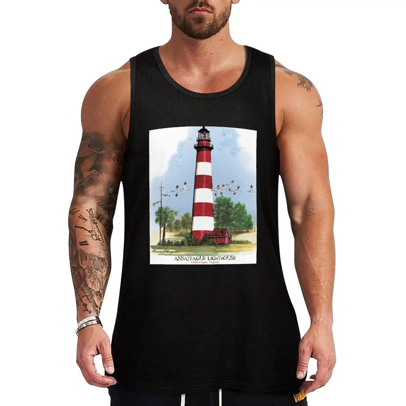 

Assateague Lighthouse and birds Tank Top Workout Tank Top Breathable Athletic Fitness Sleeveless
