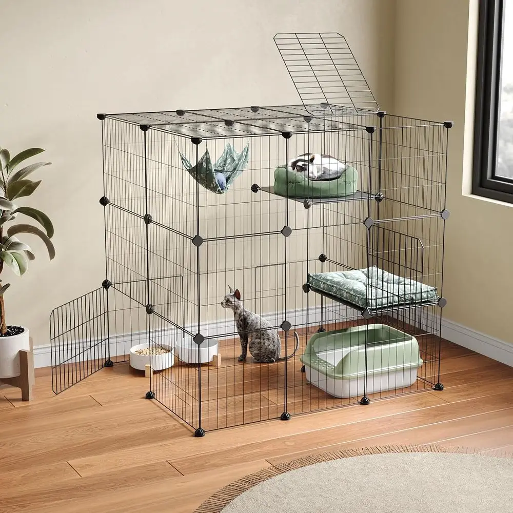 

Indoor 3-Tier Cat Enclosure - Playpen & Detachable Metal Kennel for Large Cats, 35.4 Exercise Area