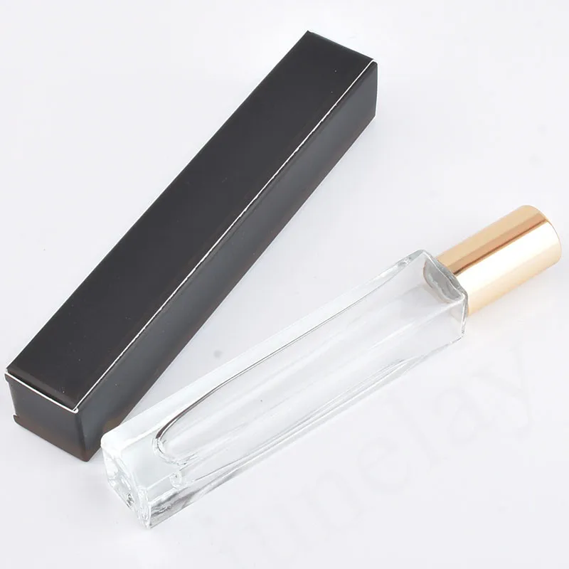 10PCS/LOT 10ml  Square Roller Bottles Mini Thick Bottom Clear Essential Oil Glass Bottle with Metal Roller With Package Box