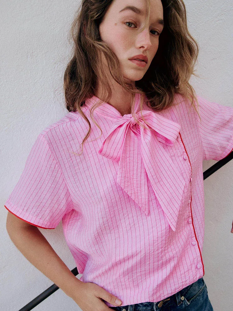 Sweet Short Sleeve Women's Top with  Knot Double Lapel Stripe Design New Summer Fashion 2026 Elegant Chinese Style