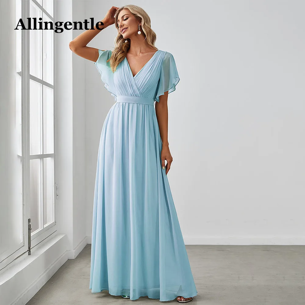 Allingentle Light Blue Elegant Bridesmaid Women Dress  A-Line V-Neck Ruffles Sleeve Chiffon Maxi Dress Floor Length With Belt