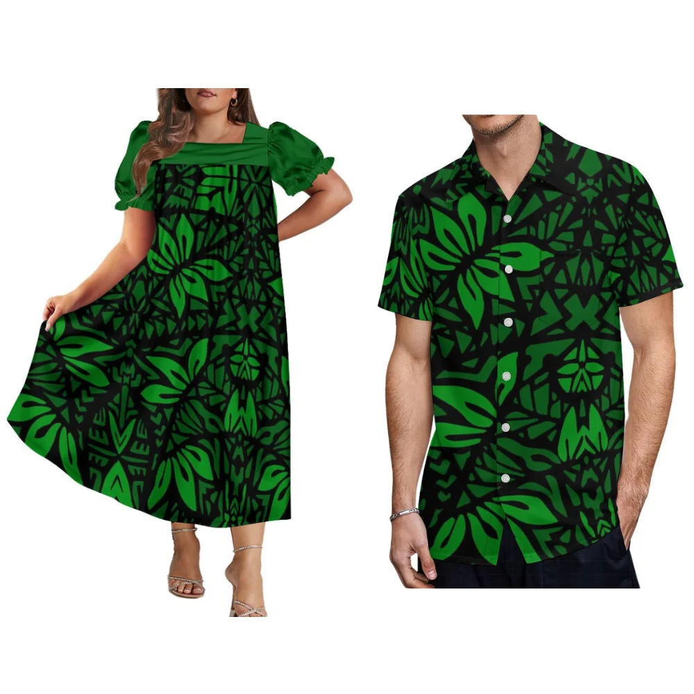 Polynesian Island Dress Mumu Maxi Dress With Puffed Sleeves For Women And Hawaiian Men'S Shirt Samoa Plus-Size Couple Suit