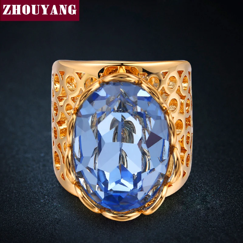 Luxury Gold Color-Color Hollow-out Big Blue Crystal Ring Fashion Cubic Zirconia Jewelry For Women And Men ZYR477