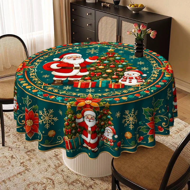 1 tablecloth, Christmas-themed round tablecloth decorated with Santa Claus, snowman, Christmas tree and poinsettia.