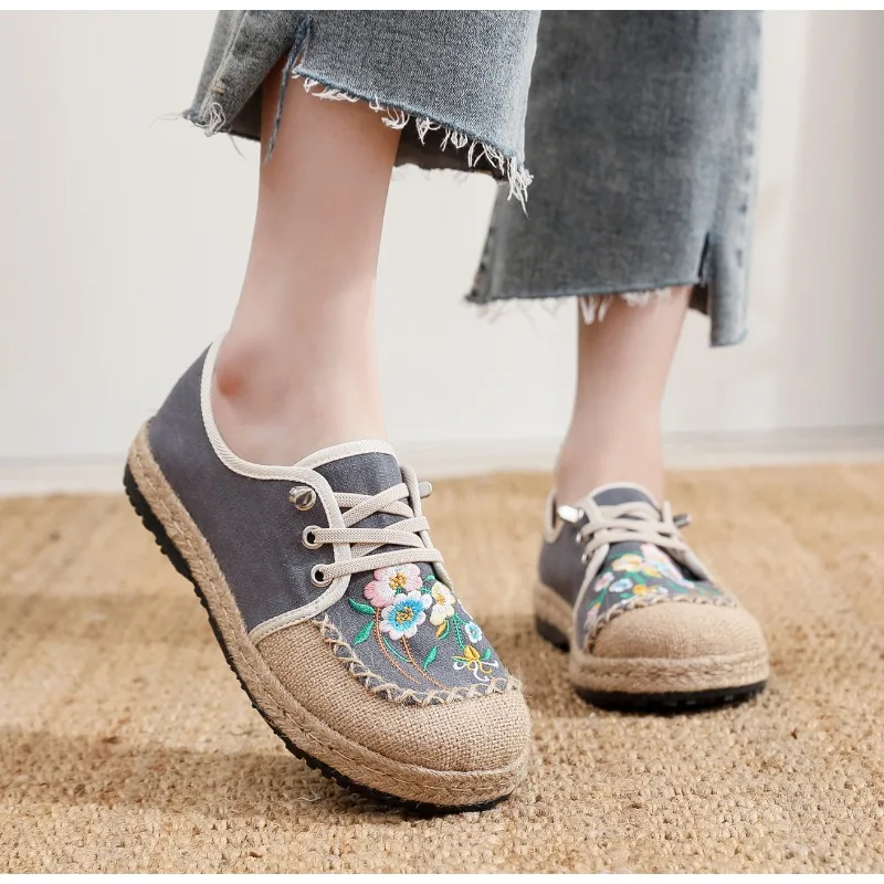 Careaymade-Hot Flats Women Shoes Embroider Retro Lace-up Round Toe Cotton Linen New Handmade Concise Comfortable Ladies Shoes