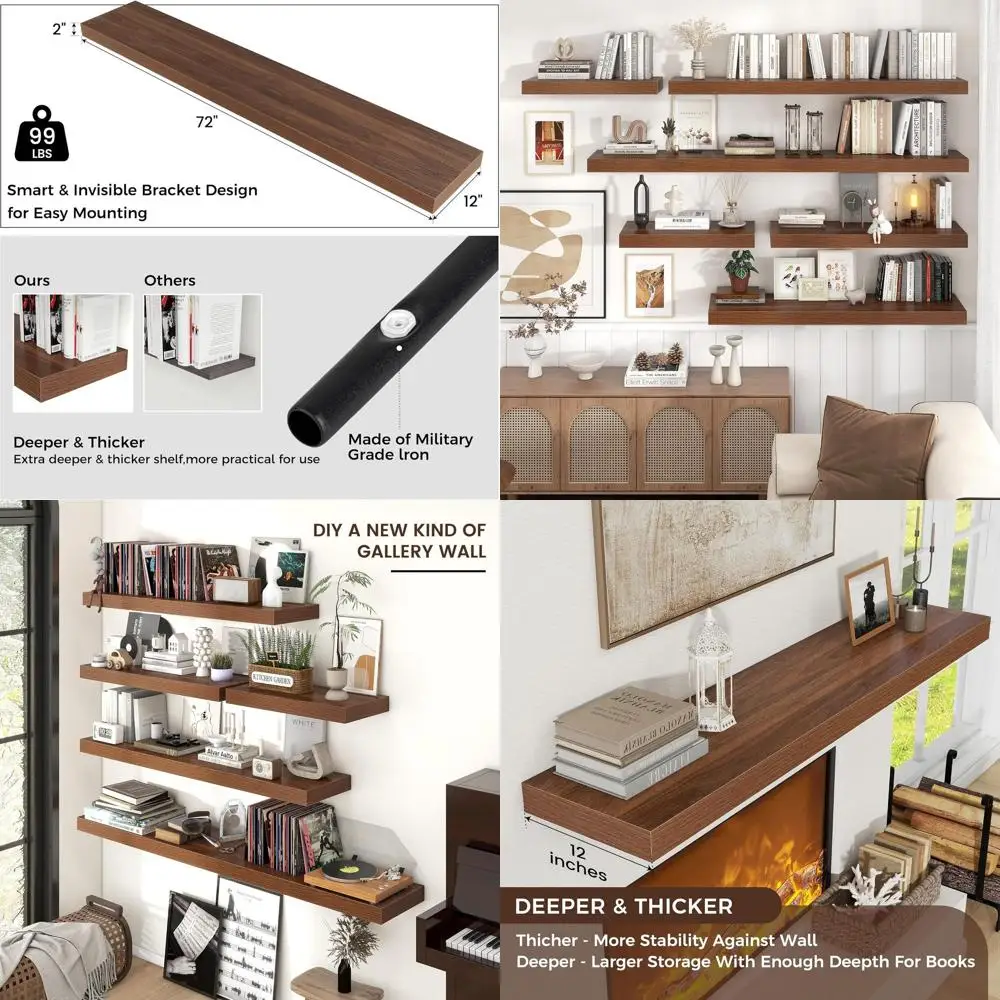 

72 Walnut Wall-Mounted Floating Shelves, 12 Deep for Living Room, Bathroom, Bedroom, Kitchen