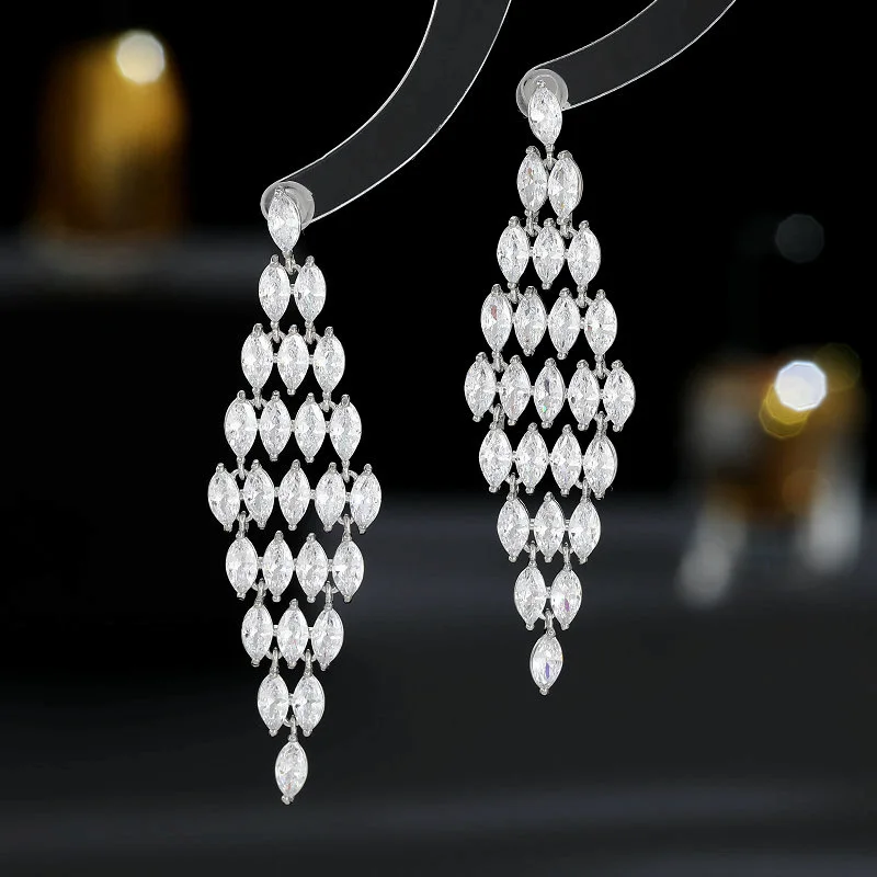 

New Luxury High-End Banquet Dress Bridal Jewelry Wholesale Super Shiny Zircon Long Rhombus Tassel Earrings