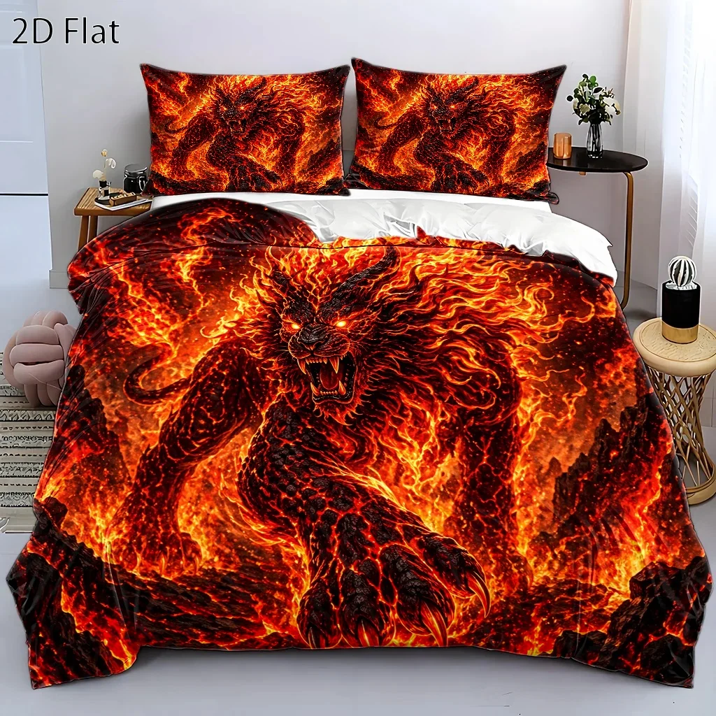 3Pc Dark Flame Beast Print Duvet Cover Set, Three-Piece Bedding Set (1*Duvet Cover + 2*Pillowcases), Suitable for All Seasons, Machine Washable, Invisible Zipper Design, Large Double Bed Cover Set, Suitable for Home, Dormitory, Master Bedroom, Guest Room, Cool Mythical Creature Bedding, Personalized Lava Demon Style Bedding, Trendy Three-Piece Bedding Set, Durable and Skin-Friendly Bedding Set, Dark Style Bedroom Decor Bedding, Fantasy Themed Duvet Cover and Pillowcase Set