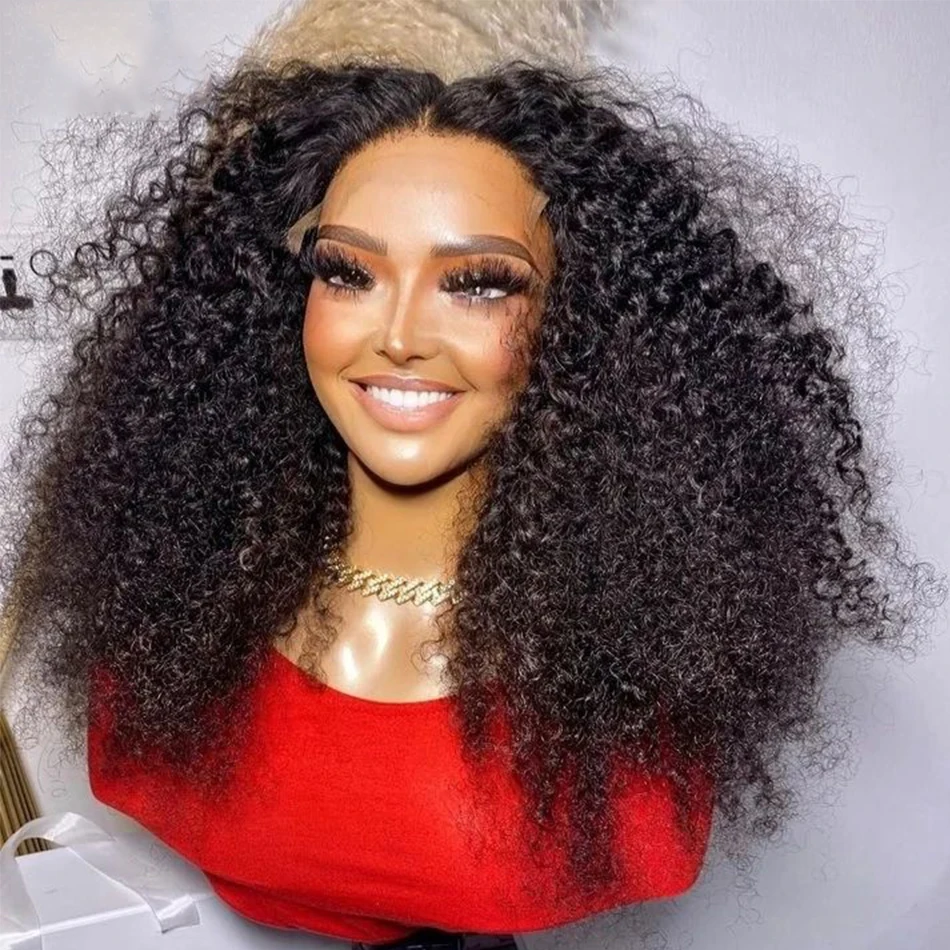 Glueless Soft 26Inch Long Black Kinky Curly 180Density Deep Lace Front Wig For African Women Babyhair Preplucked Daily Cosplay