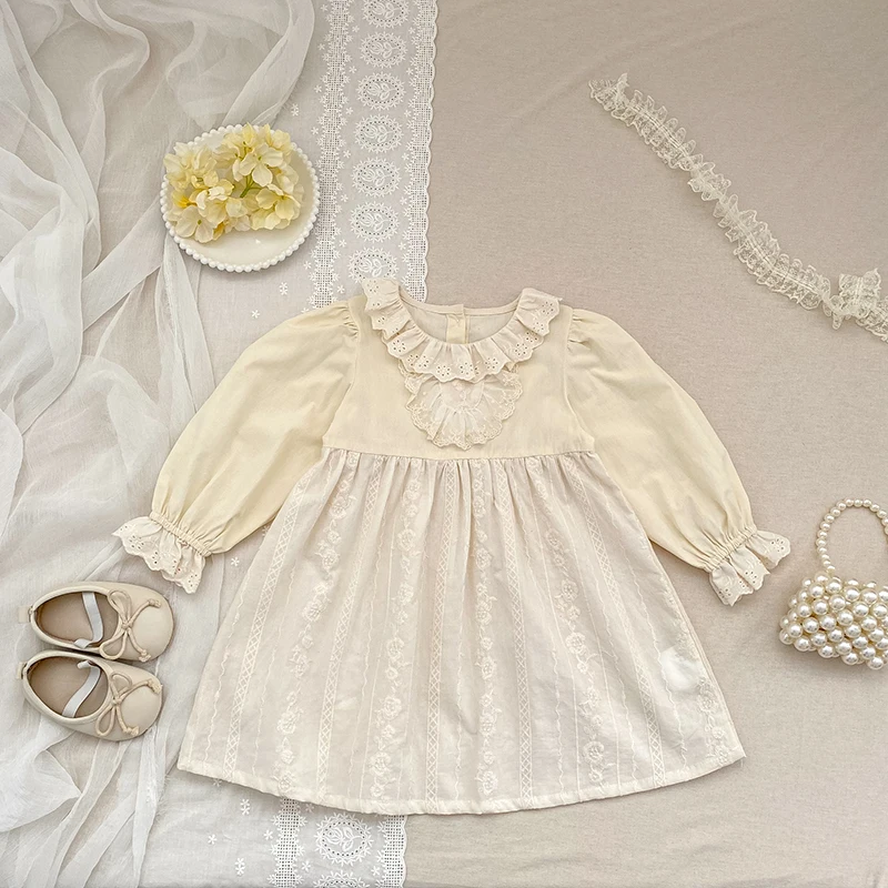 2026 Mädchen Langarmkleid mit Rüschen-Spitzenkragen, besticktes Baumwoll-Prinzessinnenkleid für Frühling und Herbst, Kindergeburtstagsparty Vestido – Detail 1