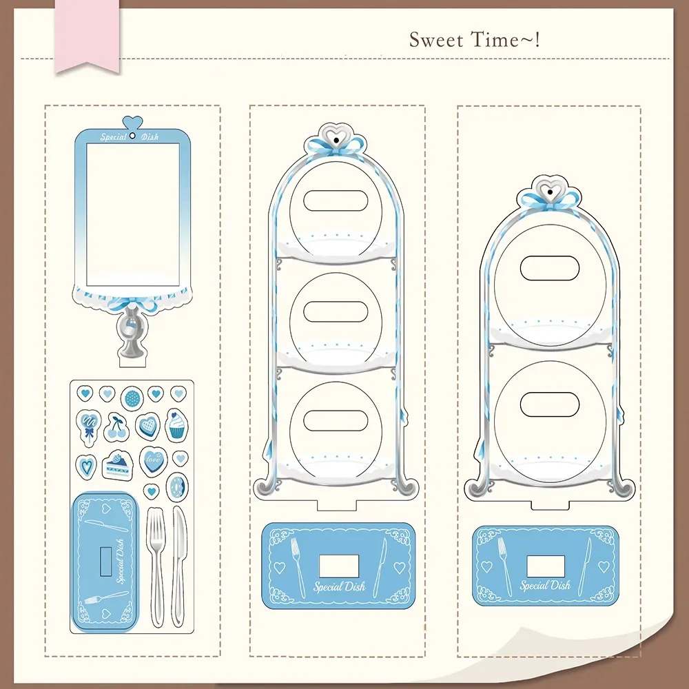 3PCS 58/75mm Badge & 3/3.5inch Photocard Frame Sweet Afternoon Tea Acrylic Display Stand Dessert for Anime Kpop Merch Desk Decor