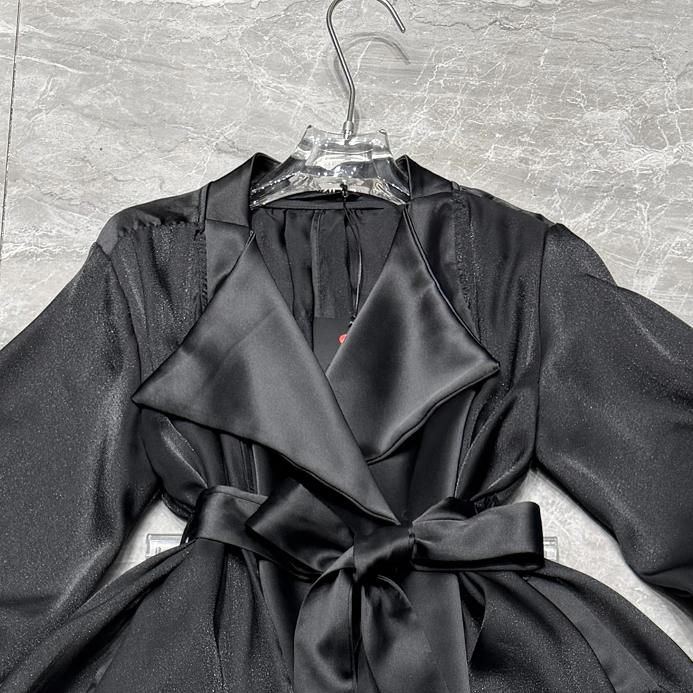TWOTWINSTYLE Chic Black Two Piece Set for Women Lapel Long Sleeve Satin Shirt Lace Design Skirt Suit for Wedding Guest KJA560931 view 3