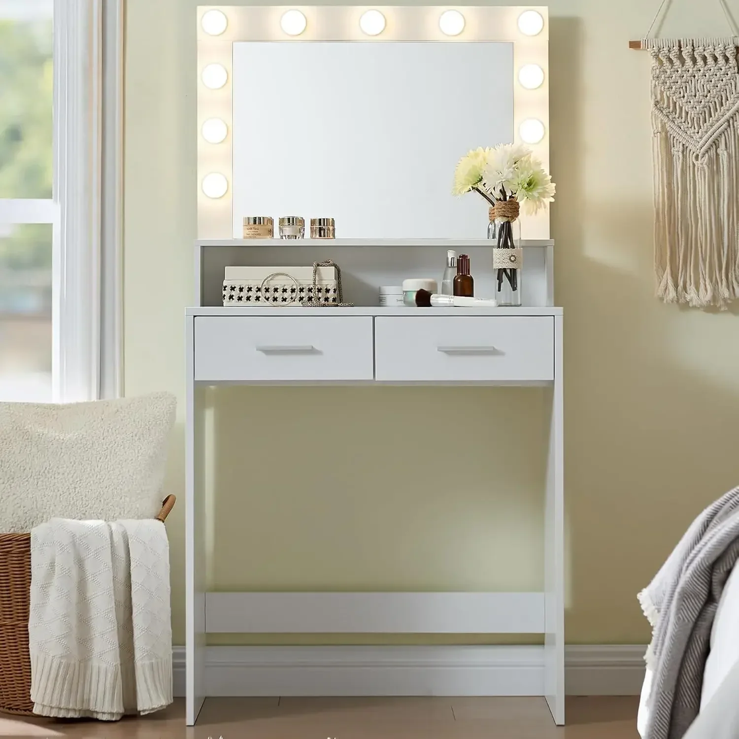 Vanity Desk with Mirror and Lights, Dressing Table with Large Drawer, 2 Level Storage Dresser & 3 Lighting Modes Adjustable