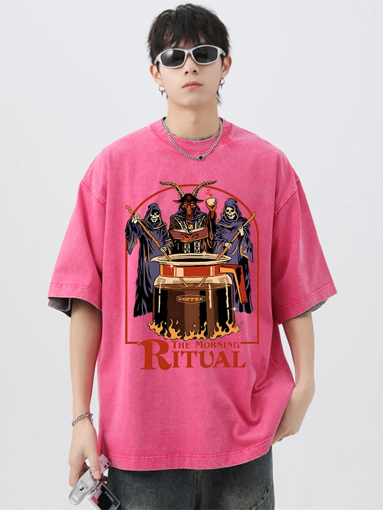 

Футболка мужская летняя хлопковая в стиле ретро, забавная ритуал с принтом кофе, дышащая свободная одежда, уличная одежда в стиле хип-хоп