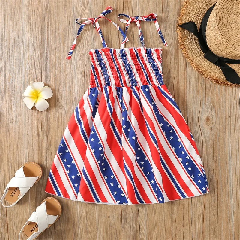 Independence Day American Flag Print Sleeveless Pleated Baby Toddler Kid Girl Sling Dress Patriotic Stars and Stripes Summer