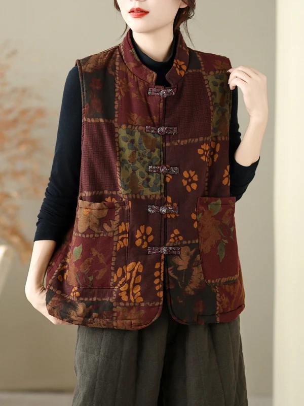 Thickened Cotton Linen Print Buttoned Vest Warm Outerwear Autumn Winter Women's Fashion Casual Regular Length Checkered Vest