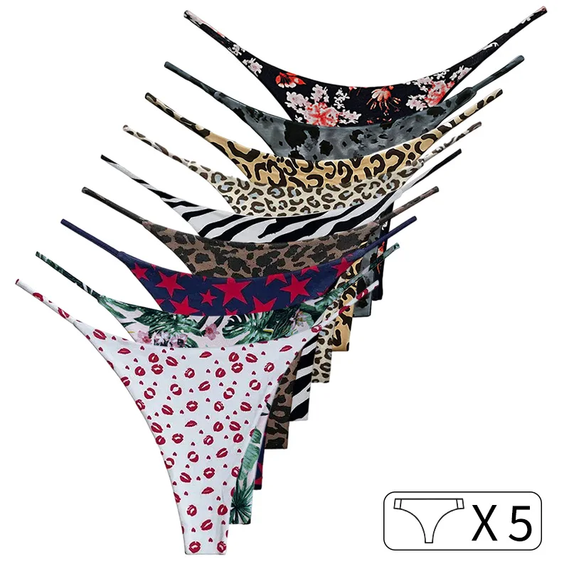 5Pcs Baumwolle G String Leopard Blume Frauen Höschen Sexy Slip Tanga Niedrige Taille T-zurück Unterwäsche Nahtlose Dessous größe S-XXL