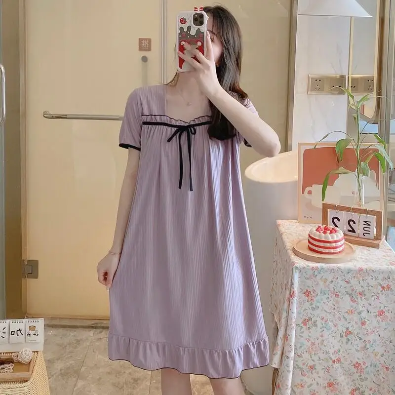 

Fashionable Summer Women's Short Sleeved Nightgown Cartoon New Pajamas Loose Fitting Teenagers Simple Long Sweet Home Clothes