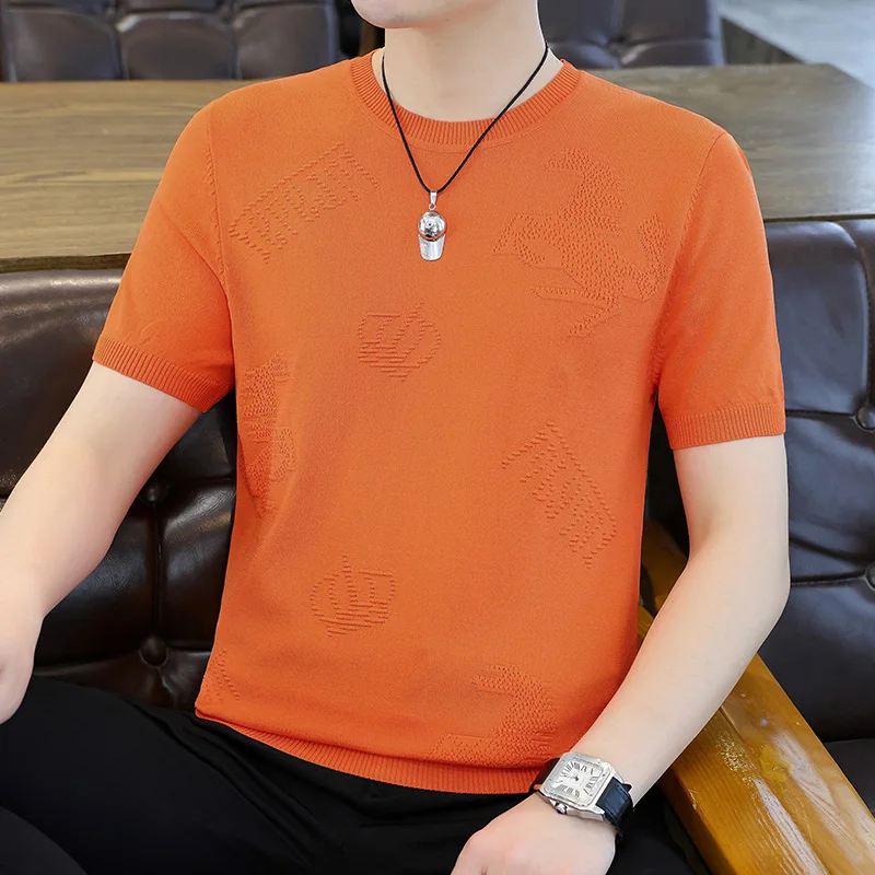 Jacquard Knitwear T Shirt For Men Short Sleeve Viscose Blends Ice Summer Quality Smooth Comfortable Stretchy Camisetas De Hombre