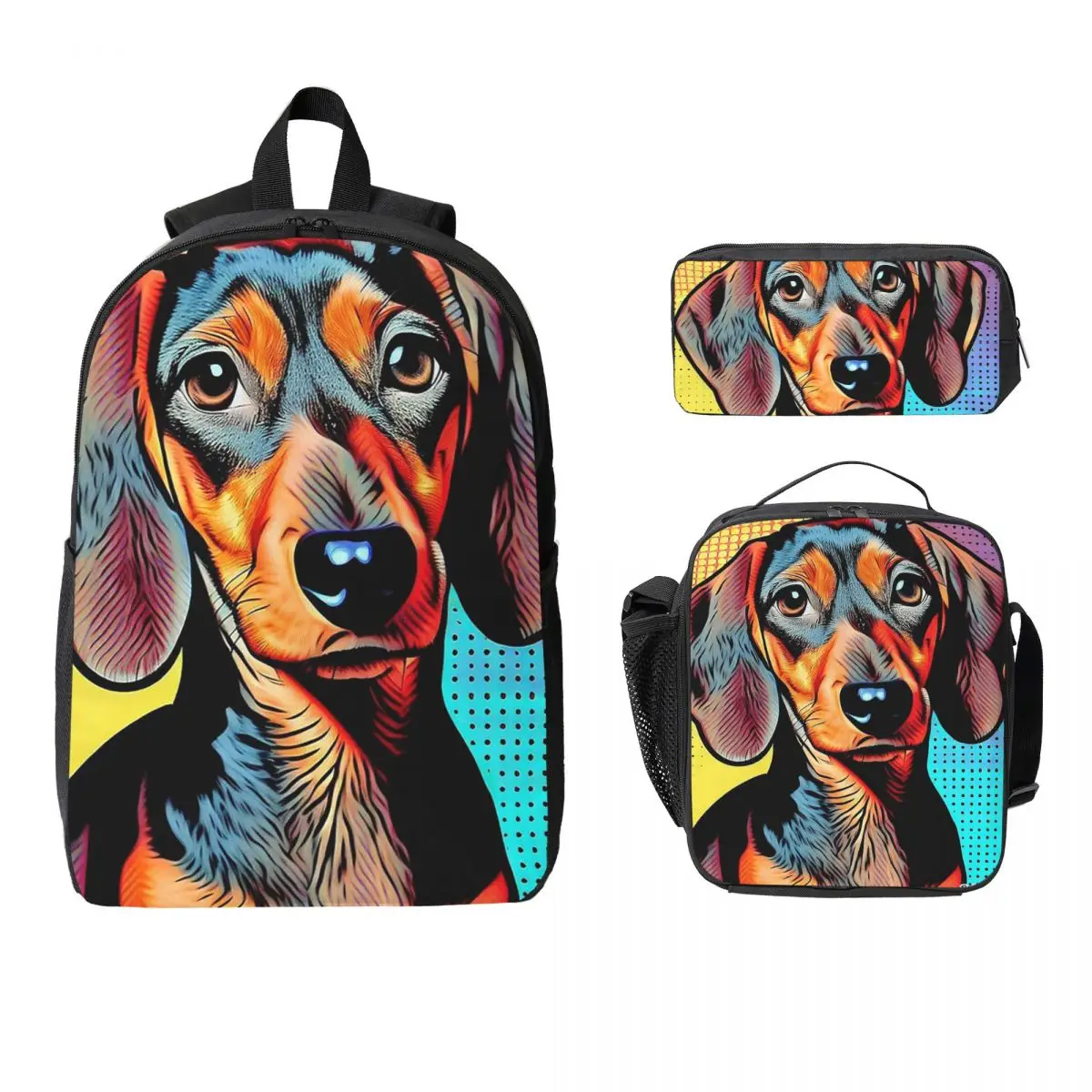 

Такса, колбаса, собака, поп-арт, рюкзак для мальчиков и девочек, школьная сумка, сумки на плечо для ноутбука, 3 шт., изолированная сумка для обеда, пенал