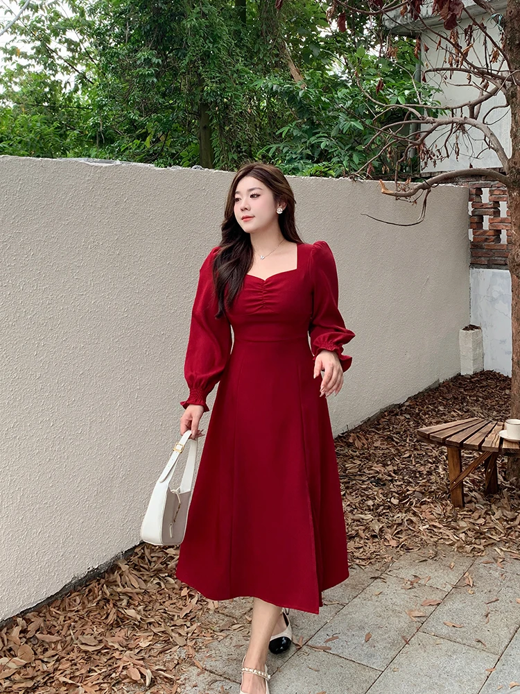 

Красное облегающее винтажное платье для больших размеров, женская юбка трапециевидной формы с высокой талией, длинная юбка средней длины для поездок на работу Faion Par Wear