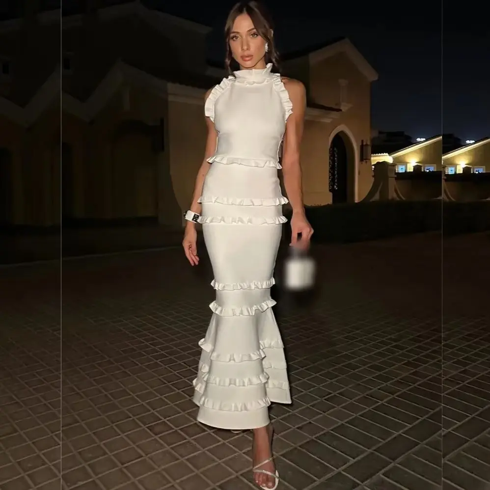 

Customized Classic Fashion Jersey Pleat Trumpet High Collar Midi Dresses Bespoke Occasion Intricate Retro