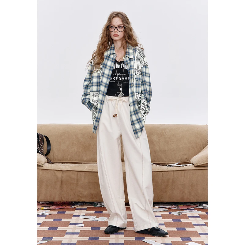 Elfsack 2025 outono nova chegada casual streetwear solto xadrez animação impressão camisa de manga longa para mulher