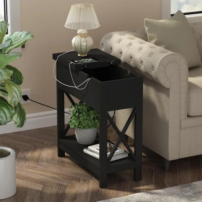 End Table with Charging Station, Narrow Flip Top Side Table with USB Ports & Power Outlets for Small Spaces, Nightstand Sofa