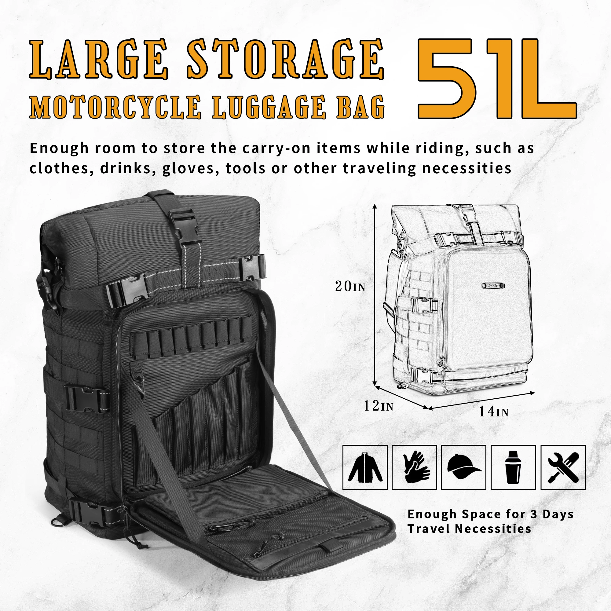 Motorcycle 51L Sissy Bar Bag Tail Luggage Bag with Raincover and Shoulder Strap for Harley