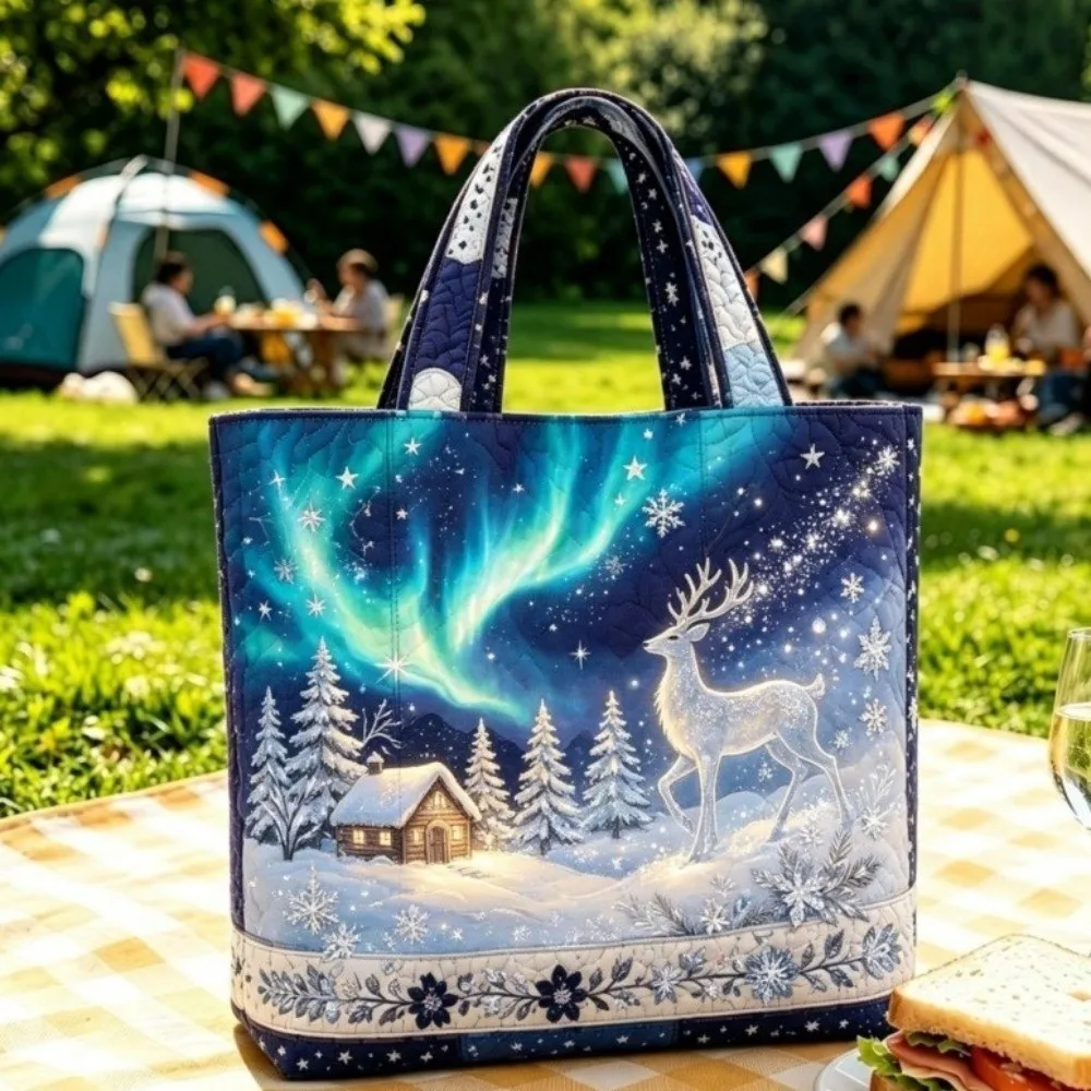 Cartoon Pattern Christmas Print Storage Bag Quilted Texture Wear Resistant Grocery Shopping Bag Large Capacity