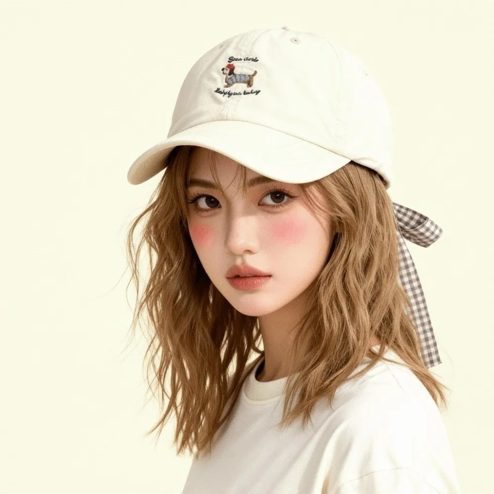 Neue Atmungsaktive Baseballkappe mit Schleife, Sonnenschutz-Entenschnabelmütze im Koreanischen Stil, Bestickter Hunde-Sonnenhut für Frühling/Sommer – Detail 6