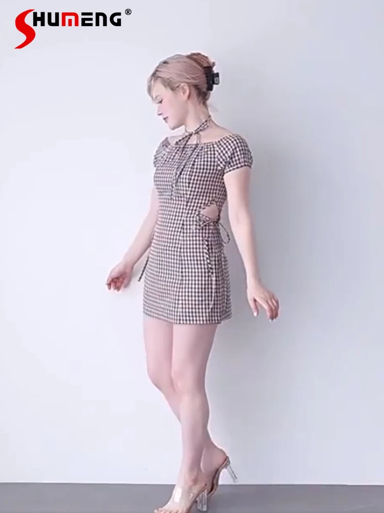 

Japanese Style Elegant Sweet Sexy Off-Shoulder Puff Sleeve Hollow High Waist Lace-up Mini Dress Plaid Shorts Two-Piece Set Women