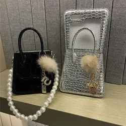 Luxury Fashion Handbag Silk Scarf Pearl Short Chain Phone Case For Samsung Galaxy Z Flip6 Case For Galaxy Z Flip5 Z Flip4 Flip7